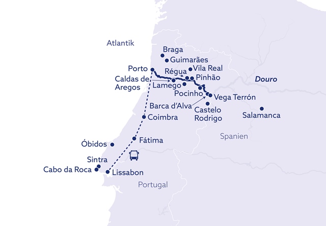Routenkarte zur Flusskreuzfahrt auf dem Douro